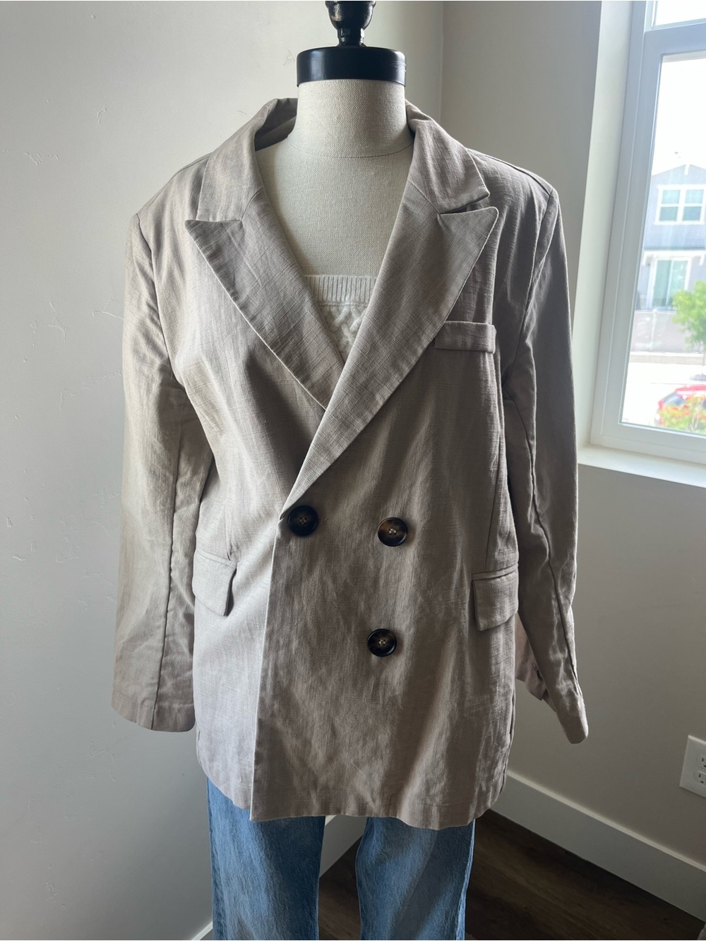 Heartloom Linen Blend Double Breasted Blazer Oversized Beige Large